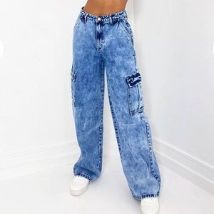 tall blue cargo pocket wide straight leg jeans
